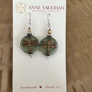 Anne Vaughan handmade Lakeside Green Czech Glass Dragonfly Dangle Earrings